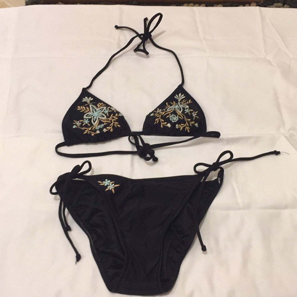 Black w/blue tan floral Embroidery String Bikini